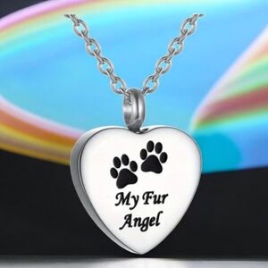 "My fur angel" pet memorial cremation ashes necklace, heart shaped pendant,